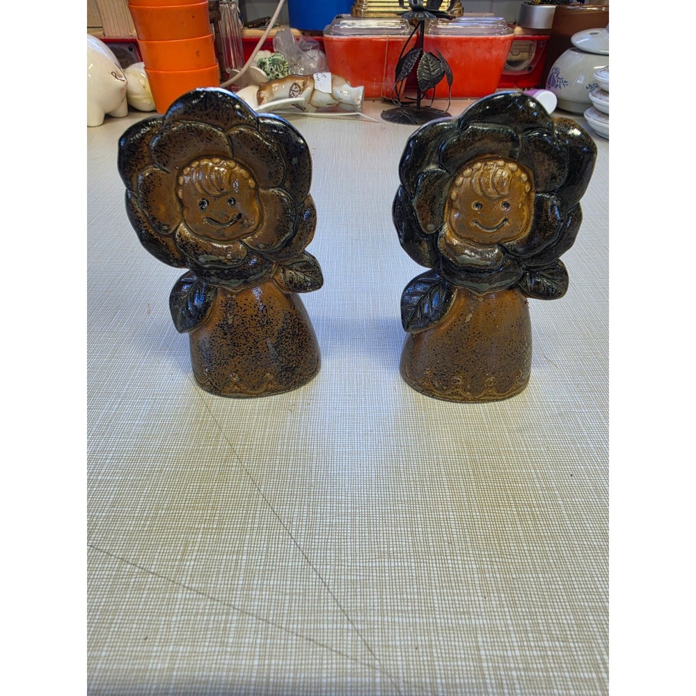 Vintage RARE Japan Ceramic Flower Girl Salt and Pepper Shakers Brown Drip Glaze
